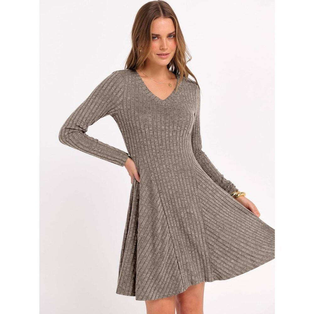 Women's Long Sleeve Ribbed Short Dresses V Neck Swing Sweater Dress Ash Brown - Picture 3 of 7